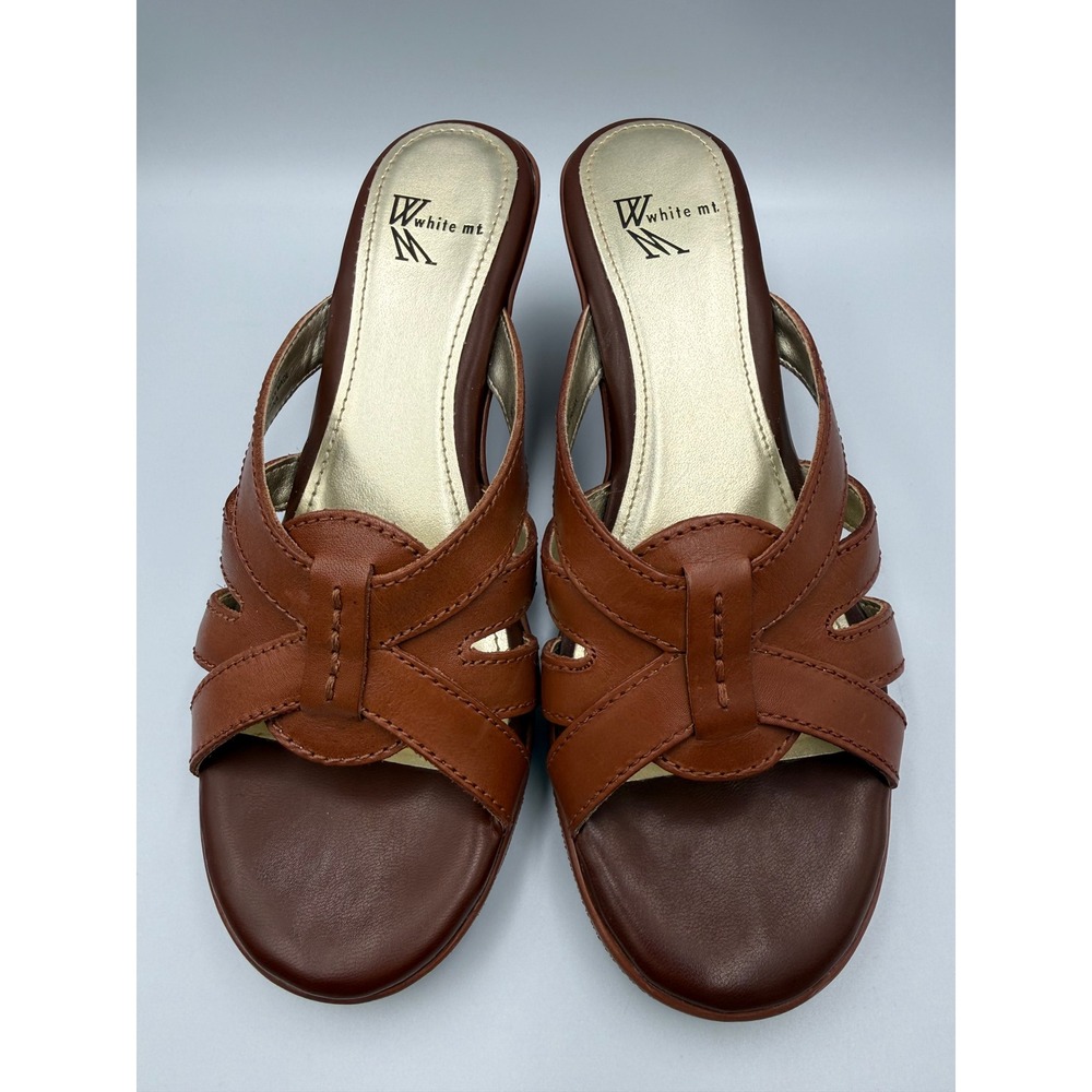 White Mountain Jordan Cognac Brown Leather Wedge Sandals Womens 8M W9180-IZ